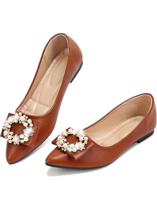 Shoes - Women's 02-Brown Pointed Toe Pearl Flats Comfort Non Slip Soft Sole Office Shoes